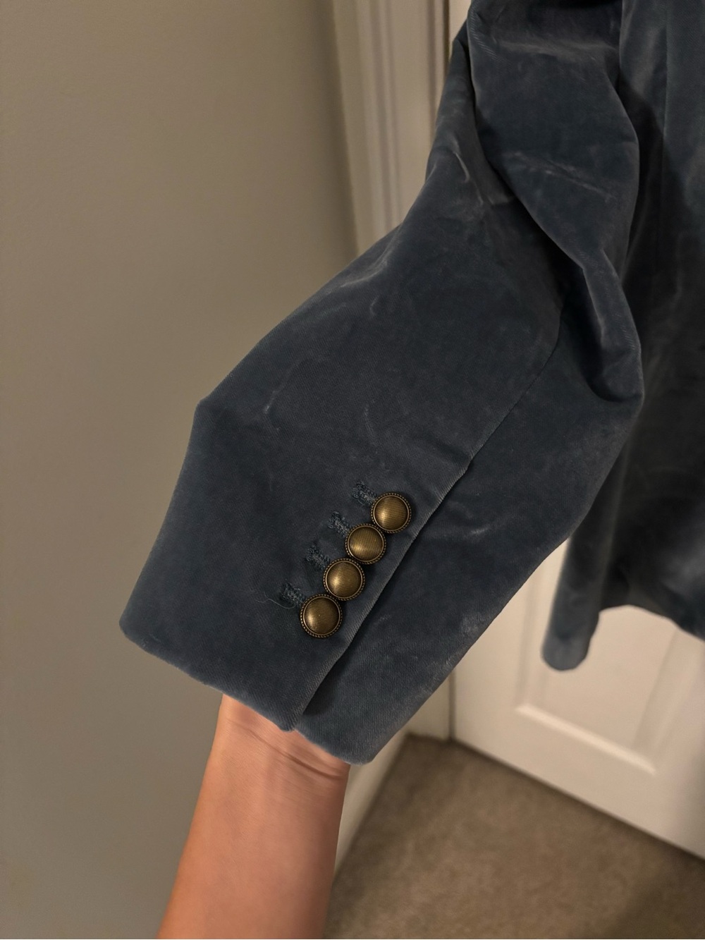 FRAME Double-Breasted Cotton-Blend Velvet Blazer Blue with Gold Accents Size 6 - Picture 12 of 15
